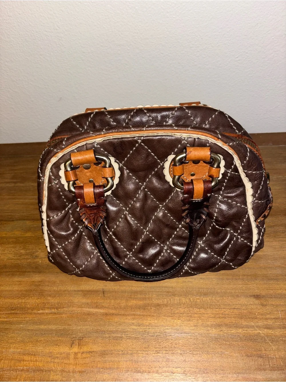 Juicy Couture Quilted Dark Brown Satchel with Tan Accents